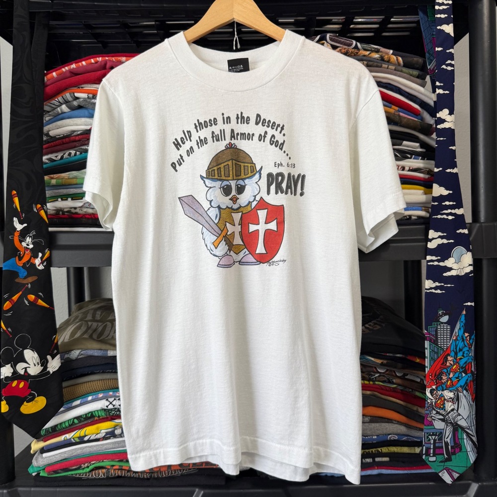Vintage White Full Armor Of God Owl Christian Graphic T-Shirt Large